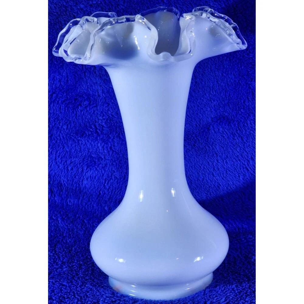 Vintage Fenton-Style Silver Crest Milk Glass Vase w/Clear Double Crimped Lip